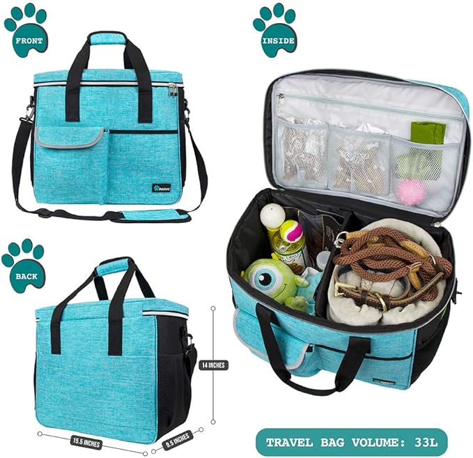 PetAmi Dog Travel Bag, Travel Pet Bag Organizer, Dog Food Travel Bag with Container Collapsible Bowls, Pet Travel Supplies Gift Accessories for Weekend Camping, Puppy Cat Diaper Bag, Teal Blue Large
