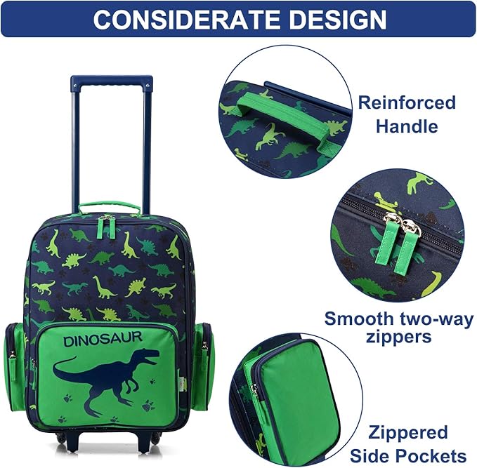 VASCHY Rolling Luggage for Kids, Cute Travel Carry on Suitcase for Boys Toddlers/Children with Wheels 18inch Dinosaur