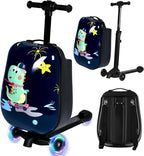 smilesun 4-in-1 Detachable Scooter Luggage for Kids & Teens, Hardside Ride-On Suitcase with Dinosaur Design, Lightweight Foldable, Perfect Travel Gift for Boys(Navy Blue 22-inch)