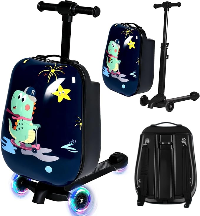 smilesun 4-in-1 Detachable Scooter Luggage for Kids & Teens, Hardside Ride-On Suitcase with Dinosaur Design, Lightweight Foldable, Perfect Travel Gift for Boys(Navy Blue 22-inch)