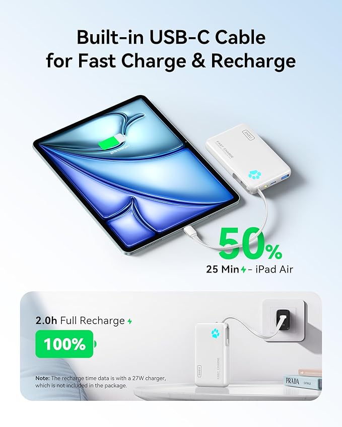 INIU Portable Charger, Slim 45W 10000mAh Power Bank with Build in USB-C Cable for Travel, Fast Charging USB C in&Out Battery Pack, External Phone Charger for iPhone 17 16 15 Samsung S25 S24 Google etc