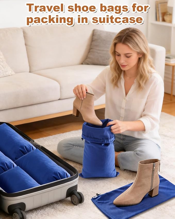 4 Pcs Single Shoe Bags for Travel, 17.3"x8.6" Washable Travel Shoe Bags for Packing in Suitcase, Velvet Dust Bag with Drawstring, Shoe Pouch for Women and Men, Travel and Home Storage (Palace Blue)