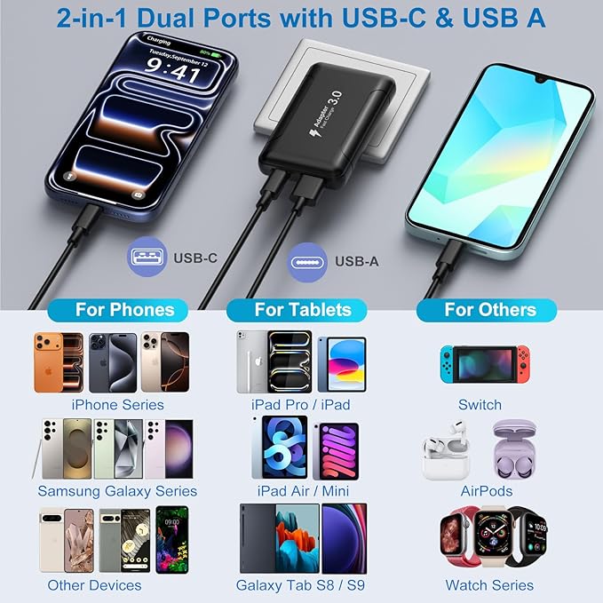 Flat USB C Wall Charger, Costyle 2 Pack 50W Slim USB A and USB C Power Adapter Plug PD+QC 3.0 Fast Charging Block with Foldable Outlet Plug for Galaxy A16 A14 A03S A05,iPhone 16 15(Black)