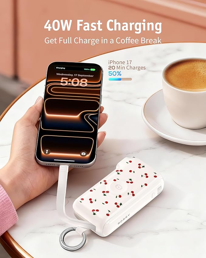 RORRY Flow Portable Charger, 10000mAh 40W Fast Charging Power Bank with Built-in USB C Cable and Foldable Wall Plug, Battery Pack Travel Essentials for iPhone 17/16/15, Apple Watch, iPad, MacBook