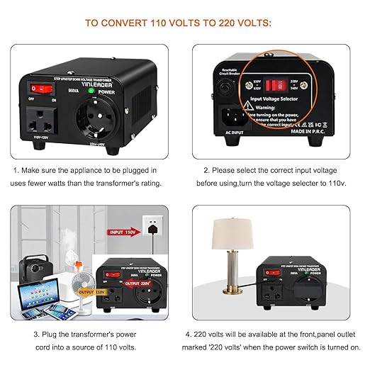 Yinleader 110v to 220v European Voltage Converter Transformer 500W Step Up Converter 110/120 Volt to 220/230/240 Volt or Step Down 220 to 110,[110V US Power Cord Included Only, No 220V Cord]