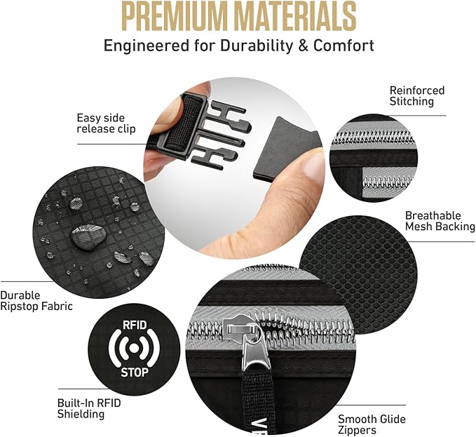 VENTURE 4TH Money Belt for Travel – Slim Hidden Under-Clothes RFID Blocking Anti-Theft Passport Holder & Travel Wallet Pouch for Men & Women to Protect Cash, Cards & Documents (Black)