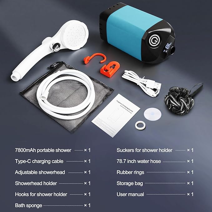 Portable Shower for Camping with 7800mAh Battery, Rechargeable Camping Shower with Intelligent LED Display, 3 Spray Modes, IPX8 Waterproof Outdoor Camp Pump for Hiking, Travel, Car, Pet
