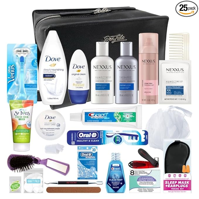 Convenience Kits International Women’s Super Premium 25 PC Travel Kit Featuring: Ensemble of Nexxus Travel-Size Hair Care and Body Products in Large Leather Toiletry Bag (824)