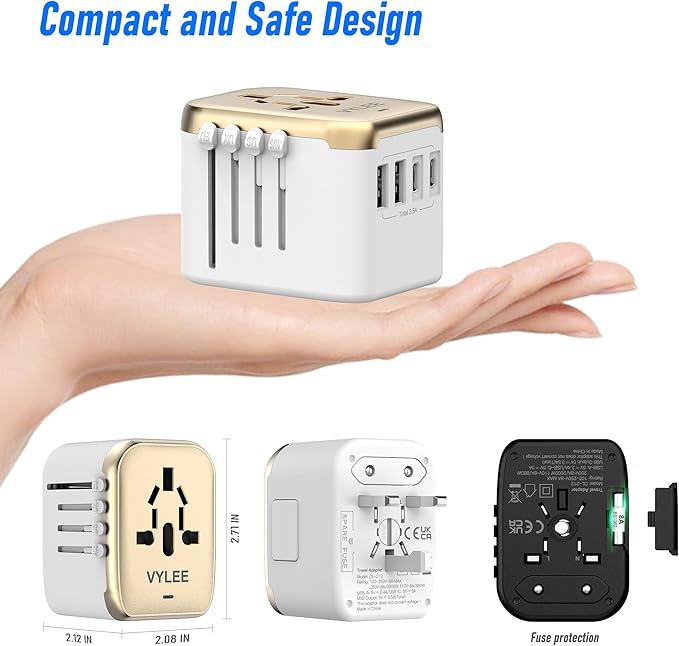 VYLEE Universal International Power Travel Plug Adapter, 5 in 1 European Travel Plug Adapter W/ 3.5A 2xUSB-A and 2xUSB C Wall Charger and Worldwide AC Outlet for Europe USA UK AUS Asia (White Gold)