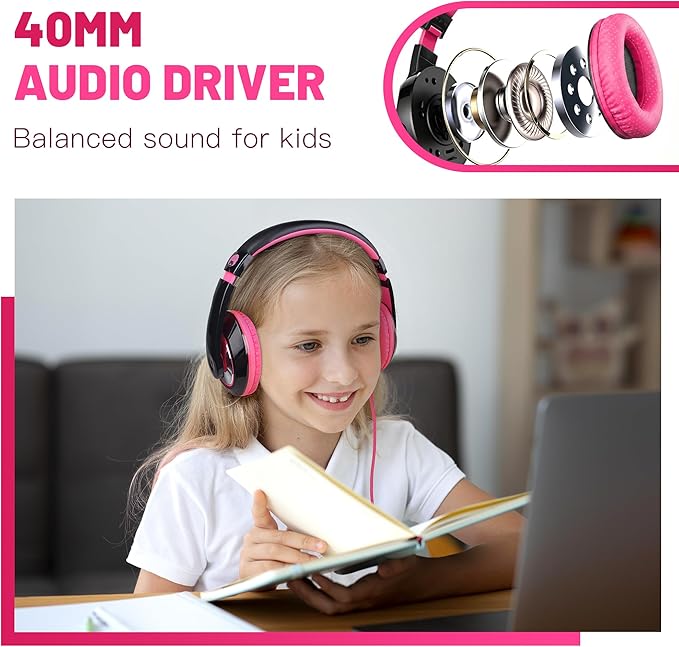 rockpapa Comfort Kids Headphones for School, Lightweight Foldable Portable Childs Boys Girls Teens Headphones Wired 3.5mm with 4.9ft Cord for Travel Airplane Tablet Phone Pad Laptop Black/Pink