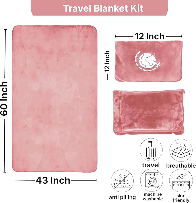 Travel Blanket and Pillow Compact – 4-in-1 Soft Fleece Airplane Blanket with Bag Pillowcase, Neck Pillow, Eye Mask & Earplugs, Lightweight Portable Flight Blanket 60"x43" (Pink)