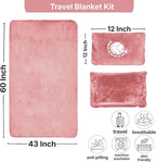 Travel Blanket and Pillow Compact – 4-in-1 Soft Fleece Airplane Blanket with Bag Pillowcase, Neck Pillow, Eye Mask & Earplugs, Lightweight Portable Flight Blanket 60"x43" (Pink)