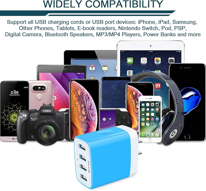 USB Wall Charger, Charging Block, AILKIN 2-Pack 4.8A/5V 4 Port USB Plug Power Travel Brick Adapter for iPhone, iPad, Samsung Galaxy, Moto, Kindle Fire, Headphones, Doorbell Android Phone Box Cube