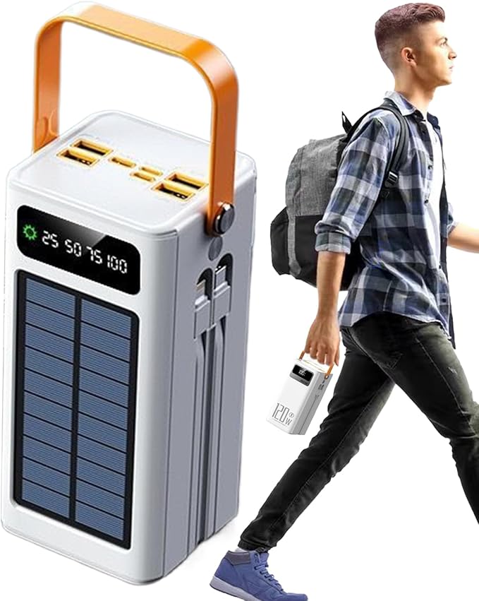 Solar Charger - Portable 50000mAh Energy Station, High Watt External Battery Bank with Integrated Wires Fast Recharge Inputs Multiple Device Connections, Bright LED Illumination Feature, Ideal for Bac