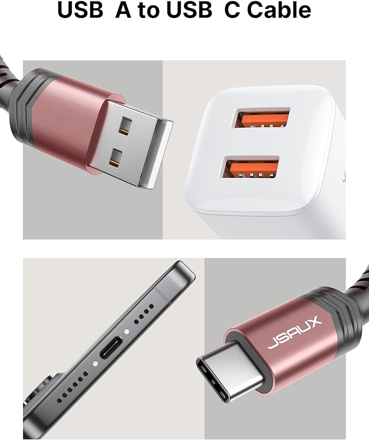 JSAUX USB C Cable Fast Charging, 3-Pack (10ft+6.6ft+3.3ft) USB A to Type C Charge Cord for iPhone 17/17 Pro/17 Pro Max, iPhone 16/16 Pro/16 Pro Max, Samsung Galaxy S24 S22 S20, USB C Charger(Pink)