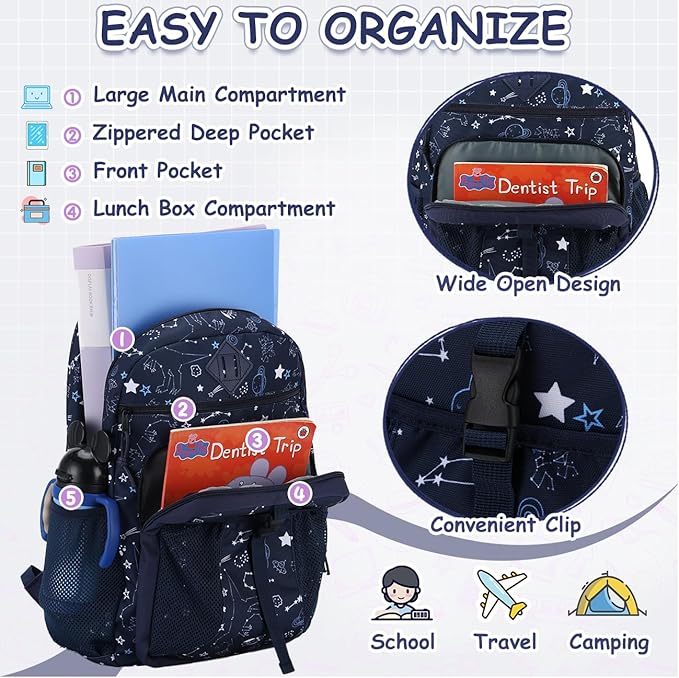 VASCHY Kids Backpack Lunch Bag Set, 2-1 School Bookbag Insulated Lunch Box for Toddlers,Preschool,Daycare,Kindergarten,Elementary School Navy