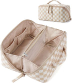 BAGSMART Travel Makeup Bag for Women, Portable Water-resistant Cosmetic Case, Puffy Padded Make Up Organizer Pouch, Open Flat Toiletry Bag for Toiletries, Brushes, Checkred Khaki