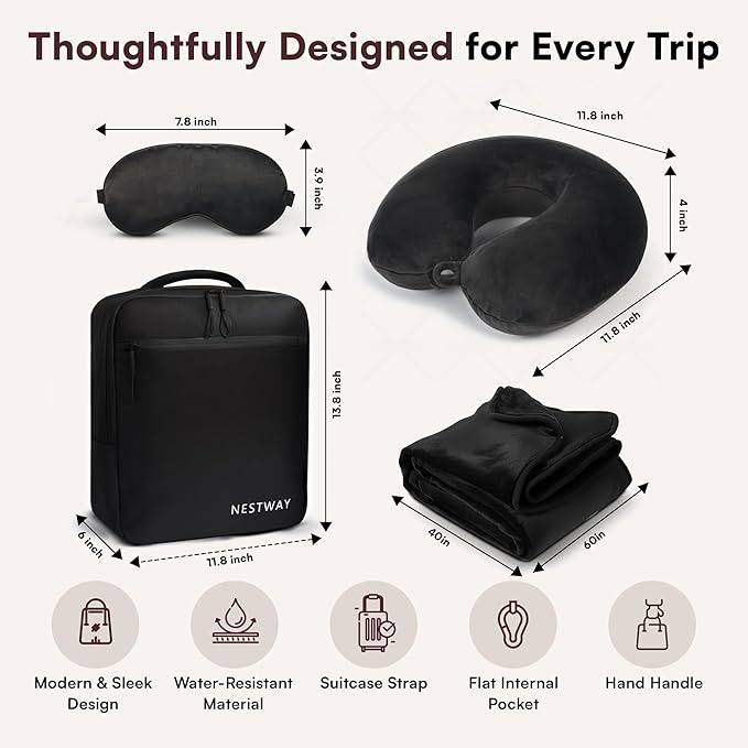 5-in-1 Travel Pillow and Blanket Set – Memory Foam Neck Pillow, Airplane Travel Essentials with Plush Blanket, Eye Mask, Earplugs & Waterproof Bag