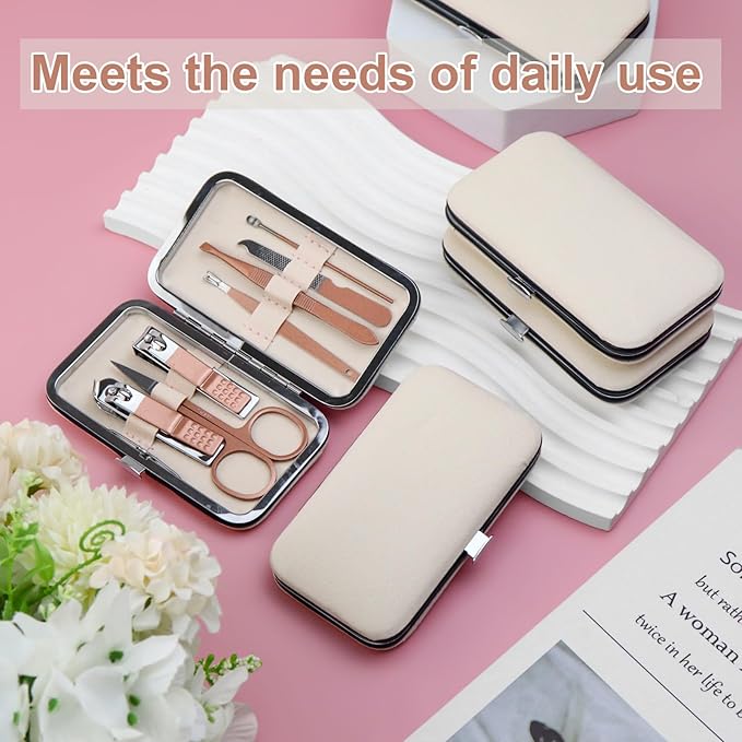 Manicure Kit Bulk, Nail Clippers Set Stainless Steel Fingernail Clippers Set, Sturdy Nail Tip Cutter Trimmers Professional Grooming Toenail Clippers Personal Pedicure Kits 7 in 1 (Pink White 12 Pack)