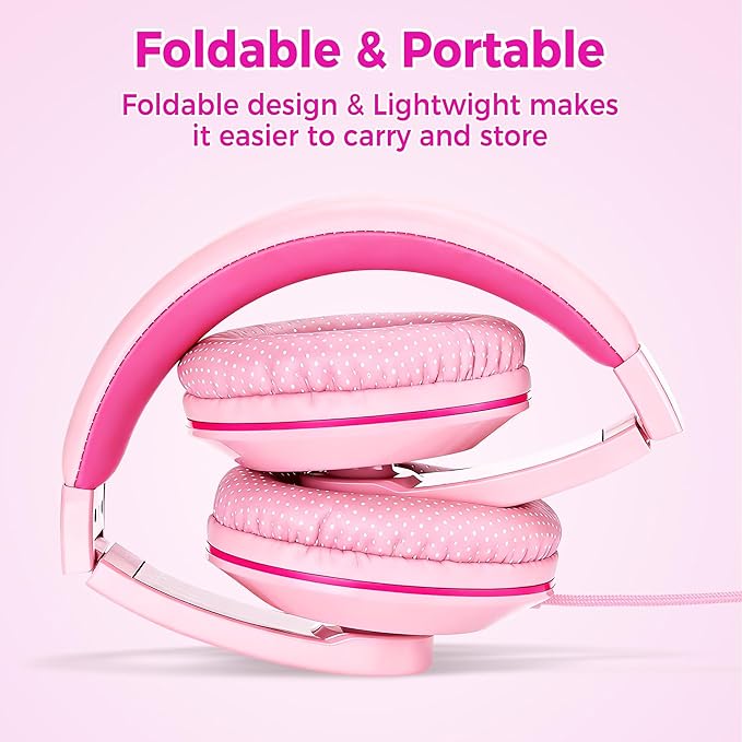 rockpapa Comfort+ Kids Headphones with Microphone, Boys Girls Student Over-Ear Headphones Wired Foldable for School Classroom Laptop PC Computer Tablet Pink