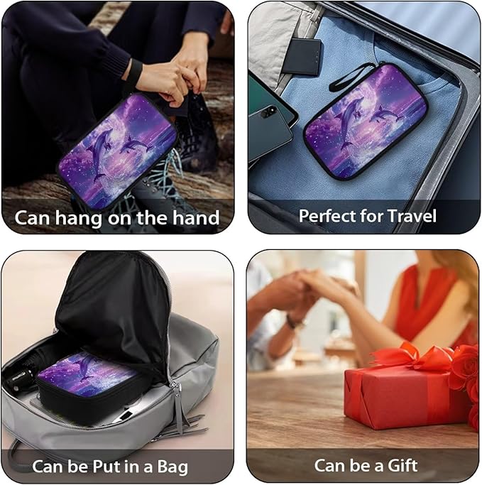 Purple Moonlight Dolphin Print Storage Pouch - Earphone, Cable Organizer, Power Bank & Data Cables Storage, Headset Organizing Multipurpose Bags