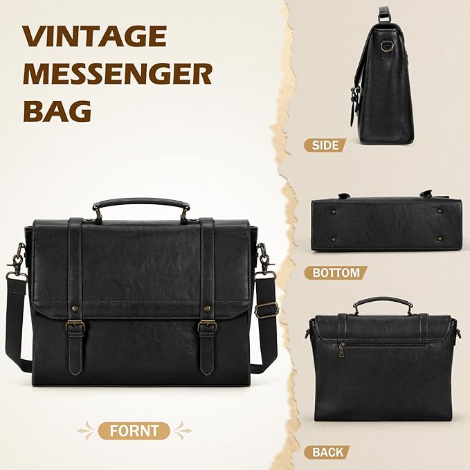 IGOLUMON Messenger Bag for Men 15.6 inch Vintage Leather Waterproof Laptop Briefcase for Men Large Computer Laptop Bag Leather Satchel Bag Retro Shoulder Bag for Office Business Travel College, Black