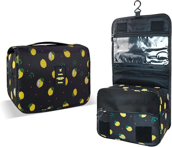 Lcsmaokin Large Capacity Toiletry Bag Travel Bag with Hanging Hook for Men and Women Waterproof Travel Cosmetic Bag Bathroom Storage Bag for Brushes Set,Full-Sized Shampoo,Accessories-Black Lemon