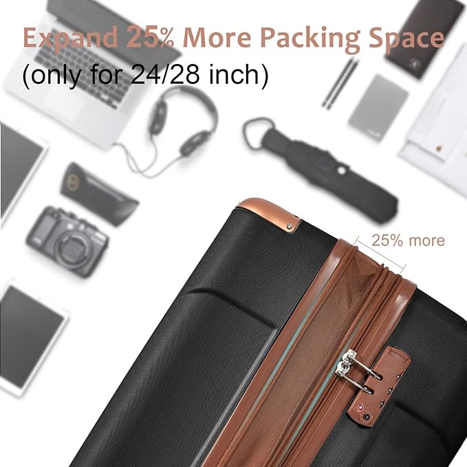 2 Piece Luggage Set, Hardside Suitcase with Spinner Wheels, TSA Lock & Expandable Hard Shell, Carry on and Checked Luggage for Travel, Maletas de Viaje for Men & Women (Black Brown, 20+28Inch)