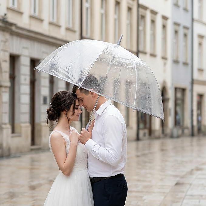 G4Free 52 inch Clear Bubble Umbrella, Large Canopy Transparent Dome Coverage Stick Umbrella, J Hook Handle European Style for Weddings,Prom,Graduation and Outdoor Events