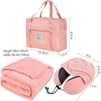 Travel Blanket Pillow Set - Travel Neck Pillow & Blanket for Airplane, Thick Fleece Plane Blanket, Hooded Memory Foam Neck Pillows, Foldable Duffel Bag, Sleep Mask, Earplugs for Plane Traveling, Pink