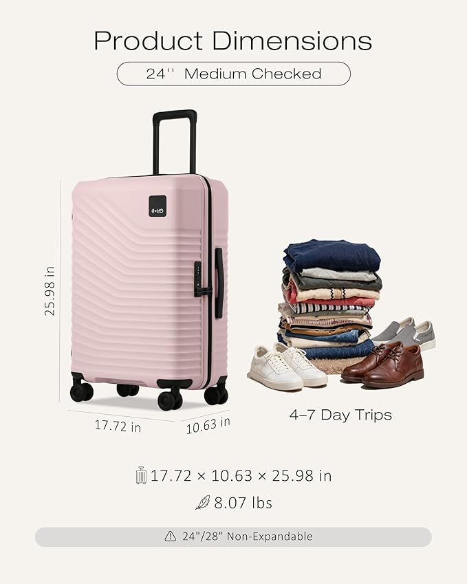 Coolife Hardside Luggage Upgrade Durable PC Lightweight Travel Suitcases with Dual Spinner Wheels & TSA Lock (Pink, Checked-Medium 24-Inch)