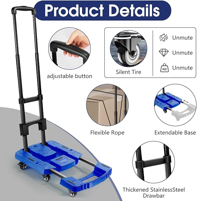 Folding Hand Truck with 6 Wheels and Elastic Ropes - Portable Heavy Duty Dolly Cart for Travel and Moving