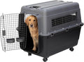 SportPet Airline Compliant X-LARGE 35.5" Travel Dog Kennel-Durable Plastic Airline Pet Carrier w/Removable Wheels & Food Bowls, Collapsible Indoor/Outdoor Dog Kennel, Dogs up to 32"L & 23"H-Dark Gray