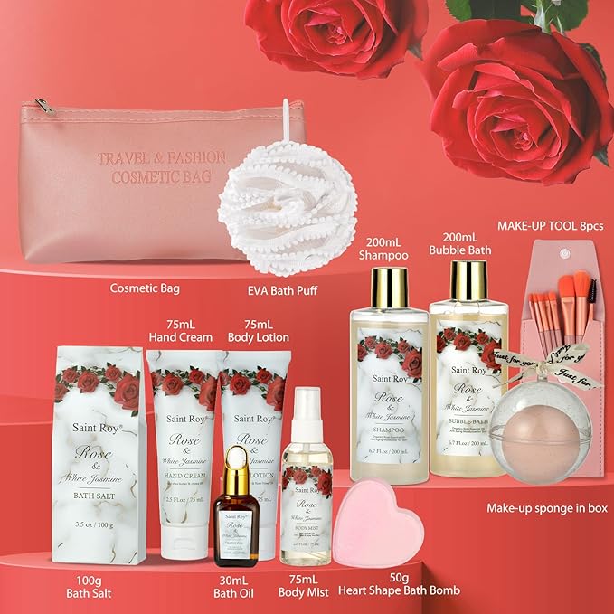 Mothers Day Gifts for Women, 21 Pcs Large Spa Basket Gift for Women, Red Rose Bath and Body Basket Gift, Skin Care, Home Spa Self Care, Bath Kit, Birthday, Christmas, Bridal Shower, Anniversary