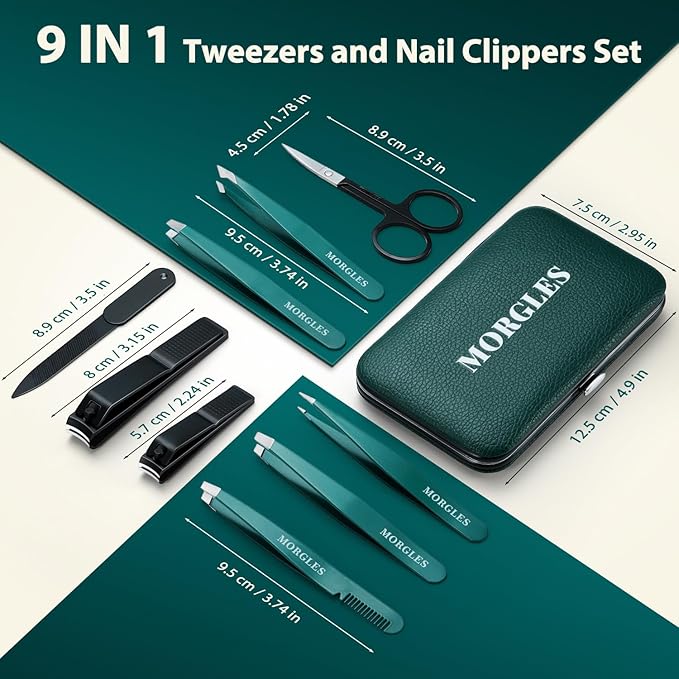 MORGLES Tweezers Set for Eyebrows, 9 Pcs Precision Stainless Steel Tweezers and Professional Nail Clippers Set for Men with Leather Travel Case