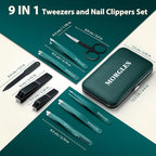 MORGLES Tweezers Set for Eyebrows, 9 Pcs Precision Stainless Steel Tweezers and Professional Nail Clippers Set for Men with Leather Travel Case