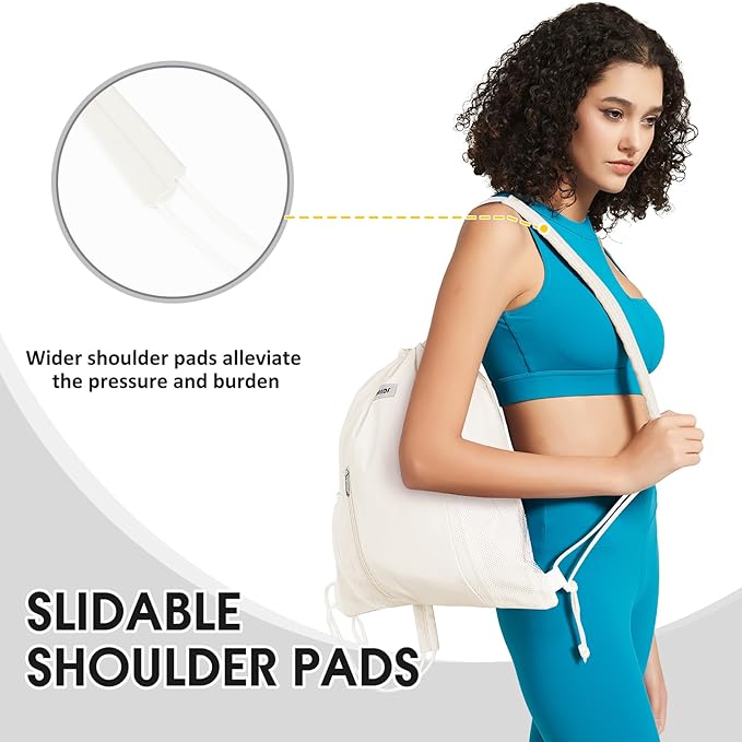 WANDF Drawstring Backpack with Shoulder Pad Sports Gym Backpack with Mesh Pocket String Bag for Women Men (Beige)