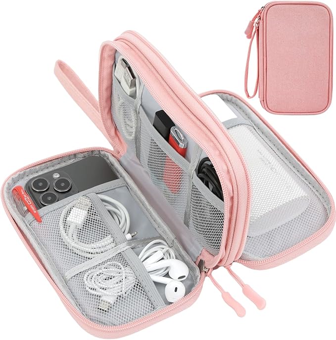CAAORDKSO Electronic Cable Organizer Bag, Travel Electronic Accessories Carry Case Portable Waterproof Double Layers Storage Bag for Cable, Cord, Charger, Power Bank, Earphone (Light Pink, Medium)