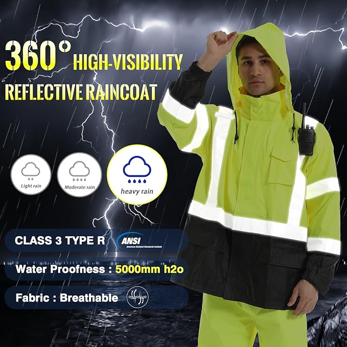 SKSAFETY Hi Vis Safety Rain Jacket for Men, Construction Work Rain Gear Heavy Duty Class 3 Rain Coat Waterproof Lightweight