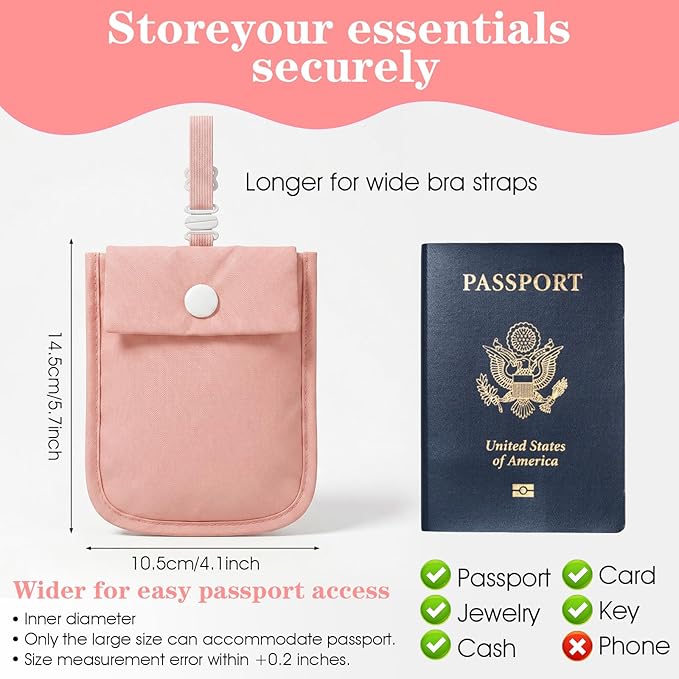 Undercover Bra Wallet, Hidden Travel Pouch with Adjustable Elastic Strap, Secret Stash Pocket for Passport, Credit Cards, Money and Valuables (Pink)
