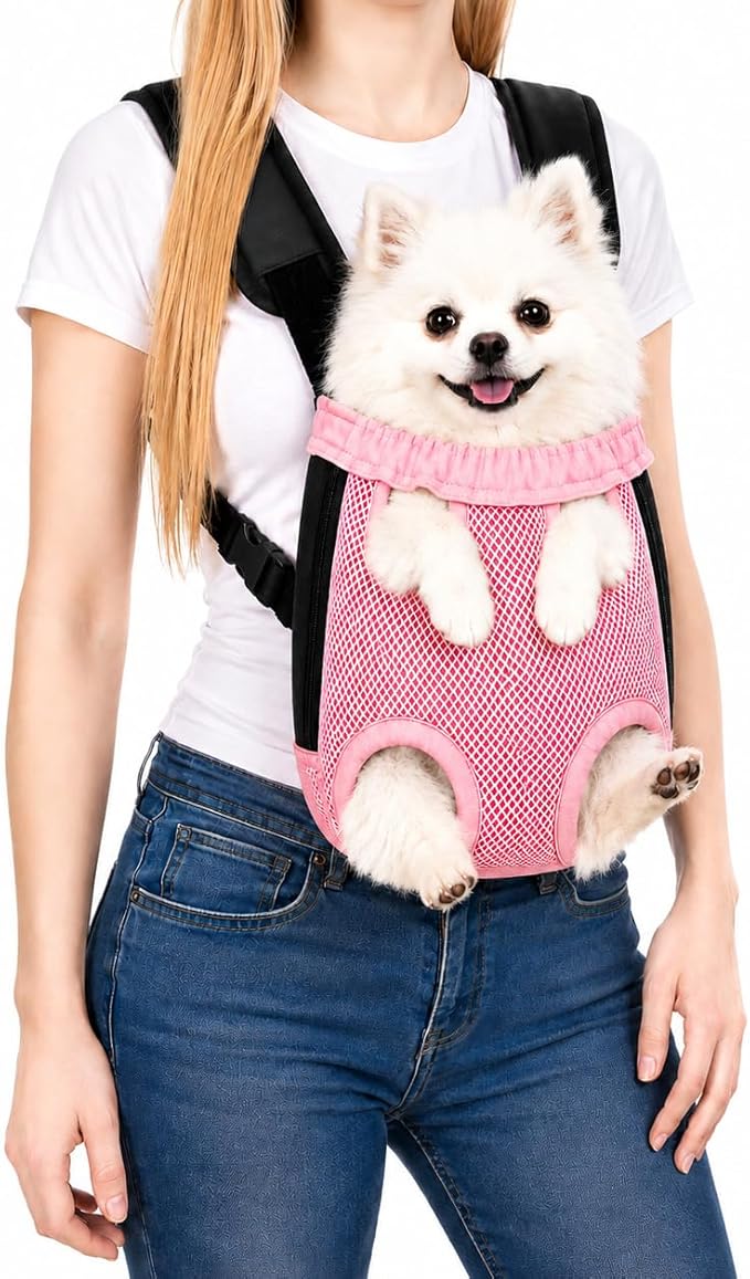 Inspack Dog Backpack Carrier/Cat Carrier, Adjustable Pet Front Carriers Travel Bag for Puppy Medium Dogs, Legs Out, Soft Ventilated Doggie Chest Carry Backpacks for Hiking/Camping, 2.5-4 lbs, Pink