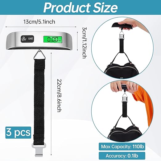 Digital Luggage Scale,3 Pack Luggage Weight Scale,110LB Handheld Digital Hanging Scales,Baggage Scale with Backlit LCD Display,Portable Suitcase Weight Scale with Hook for Travelers,Battery Included