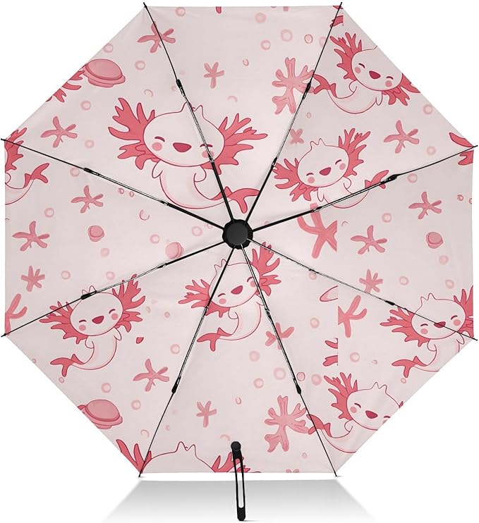 ALAZA Folding Umbrella Kawaii Axolotl Pink Animal Compact Travel Umbrella Automatic Open Close, Inverted Umbrellas for Rain Windproof UV Protection Sun Umbrellas