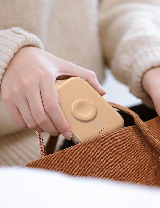 RORRY CharmGo Portable Charger, 5000mAh Portable Charger Power Bank with Built-in Cables, Travel Keychain Battery Pack for Apple Watch and iPhone Air/17/16/15/14/13/12, Honey Beige