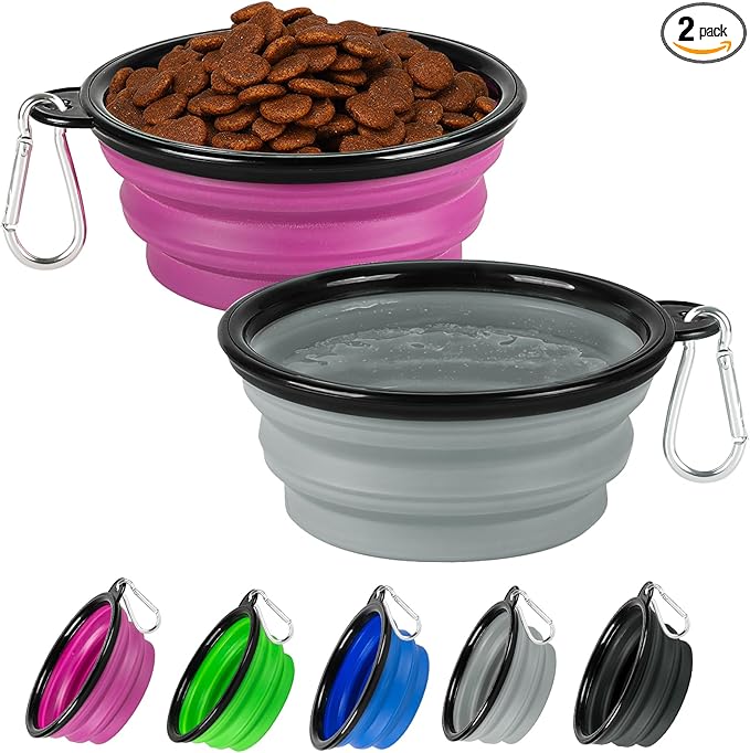 Collapsible Dog Bowl 2 Pack, Dog Water Bowls for Travels, Portable Foldable Pet Bowls Feeding Watering Dish for Parking Walking Camping with 2 Carabiners Clip (12oz, Small, Grey+Purple)