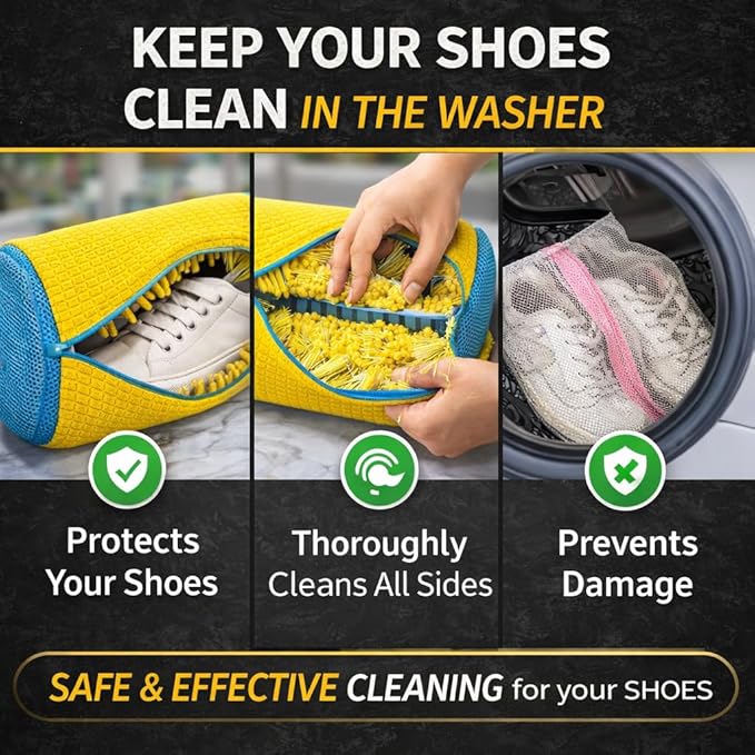 Shoe Washing Machine Bag for Sneakers, 360° Deep Clean Chenille Microfiber Laundry Bag with Hidden Zipper, Reusable Shoe Wash Protector for Running & Tennis Shoes (Yellow)