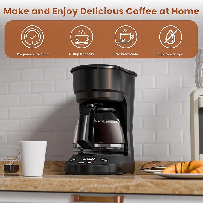 WAA 5 Cup Programmable Drip Coffee Maker, Portable Coffee Machine with Glass Pot, Includes Hot Plate and Reusable Filter, Auto Shut-Off and Delay Brew, 25oz Water Tank, Black