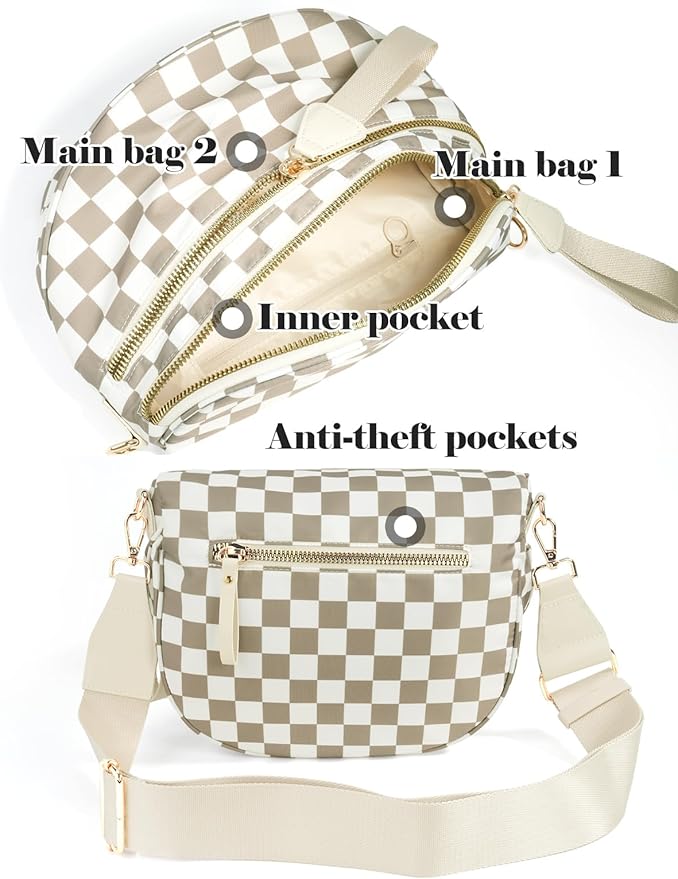 Black and White Checkered Crossbody Bag Bum Bag for Women,Spacious Checkered Purse Fanny Packs Belt Bag