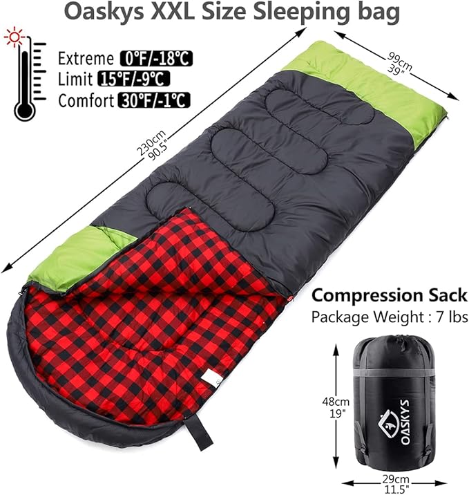 oaskys Camping Sleeping Bag - 3 Season Warm & Cool Weather - Summer Spring Fall Lightweight Waterproof for Adults Kids - Camping Gear Equipment, Traveling, and Outdoors