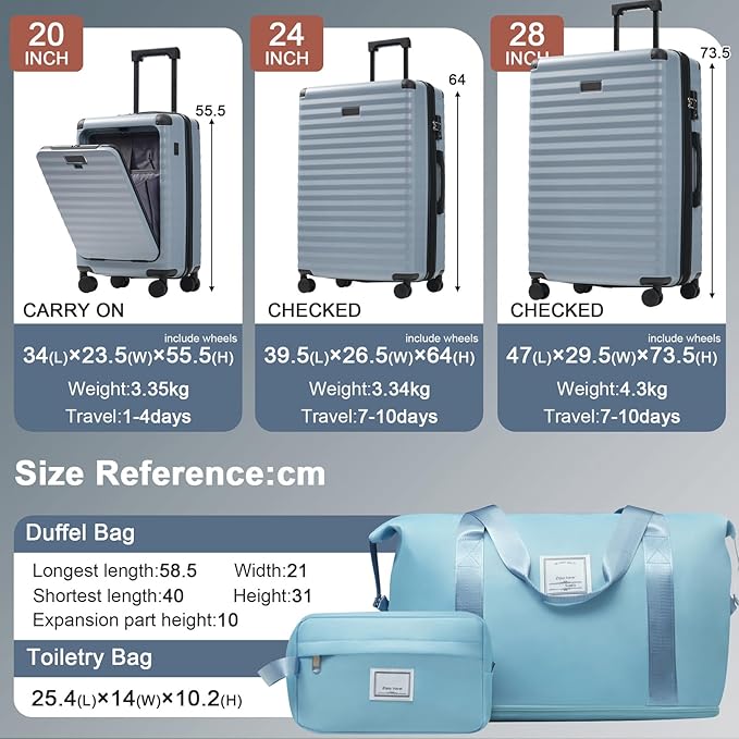 5 Piece Luggage Set w/TSA Locks & USB Port, Front Opening Hard Shell Luggage Sets, Expandable Suitcase Set with Wheels and Cup Holder(20"/24"/28") (Sky Blue)